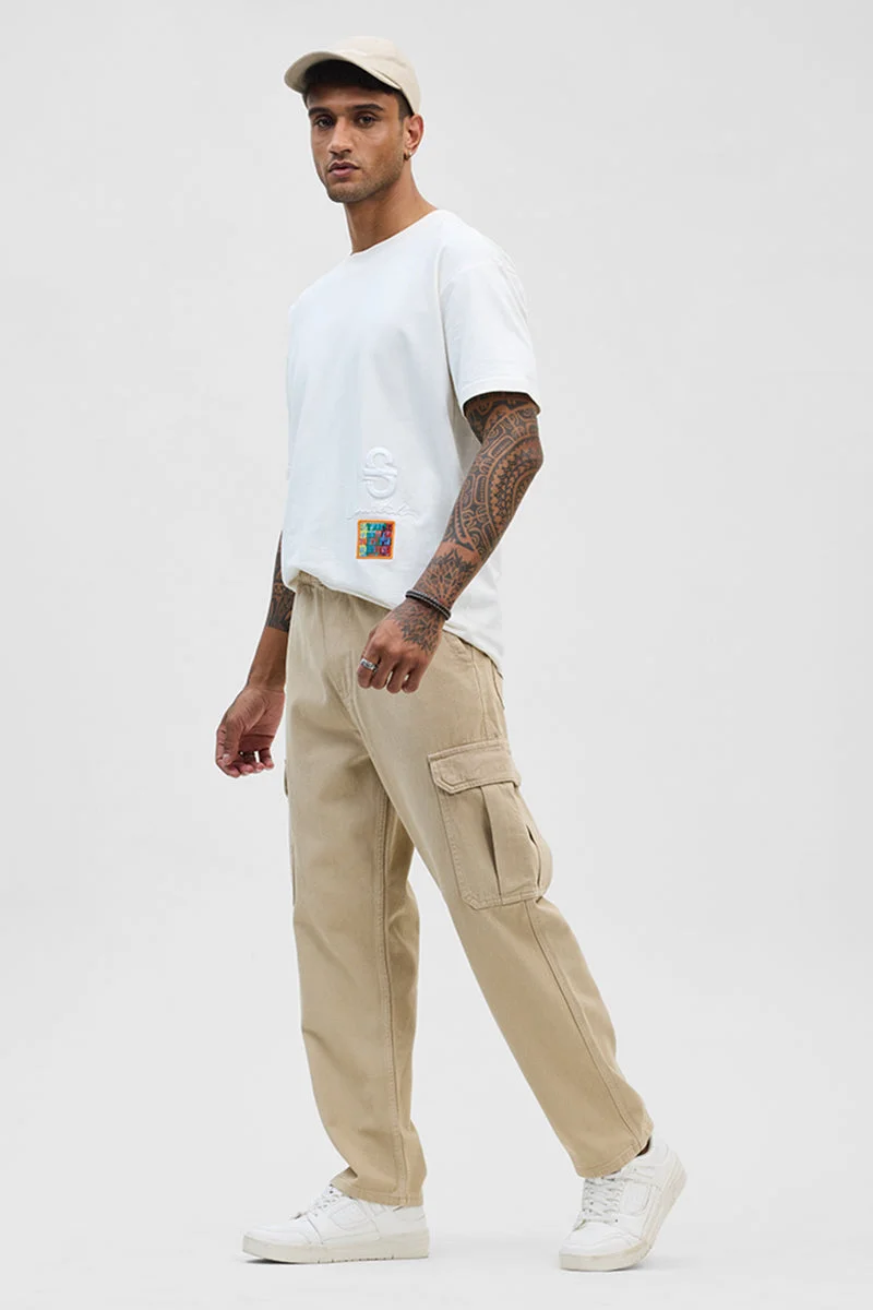 Snitch  Beige Comfort Fit Pull On Cargo Jeans for Men | Best Price UAE